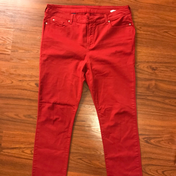 red straight jeans